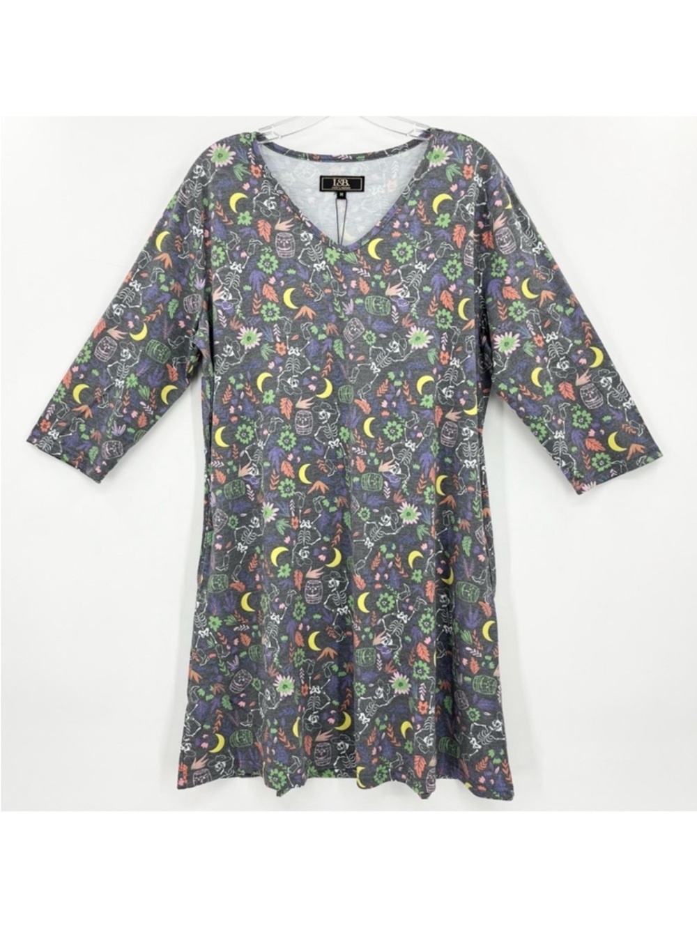 NWT Lucky & Blessed Skeleton Cowboy Fall Print Knit T-Shirt Dress w/Pockets